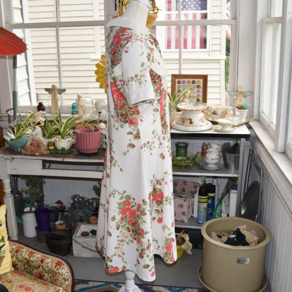 Vintage 1970s Floral Polyester Dress Pointed Collar A Line Midi Size L - Picture 2 of 7